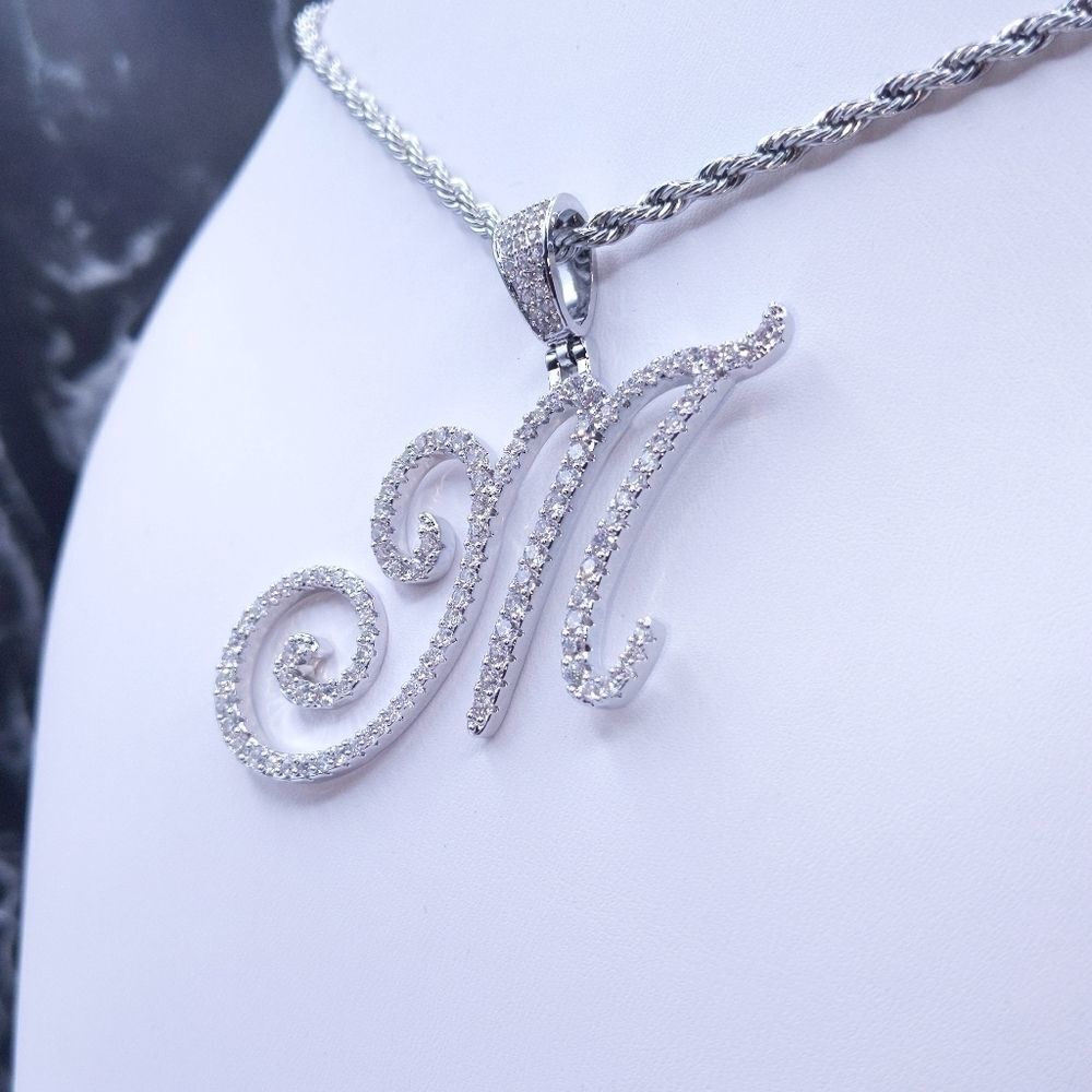 18"Rope Chain - White Finish Cursive Initial M. - image 3